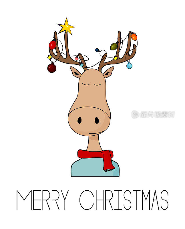 圣诞贺卡上有鹿和花环灯。酷简单的卡通holly jolly艺术。抽象的向量。几何鹿头。手绘印刷海报。圣诞节